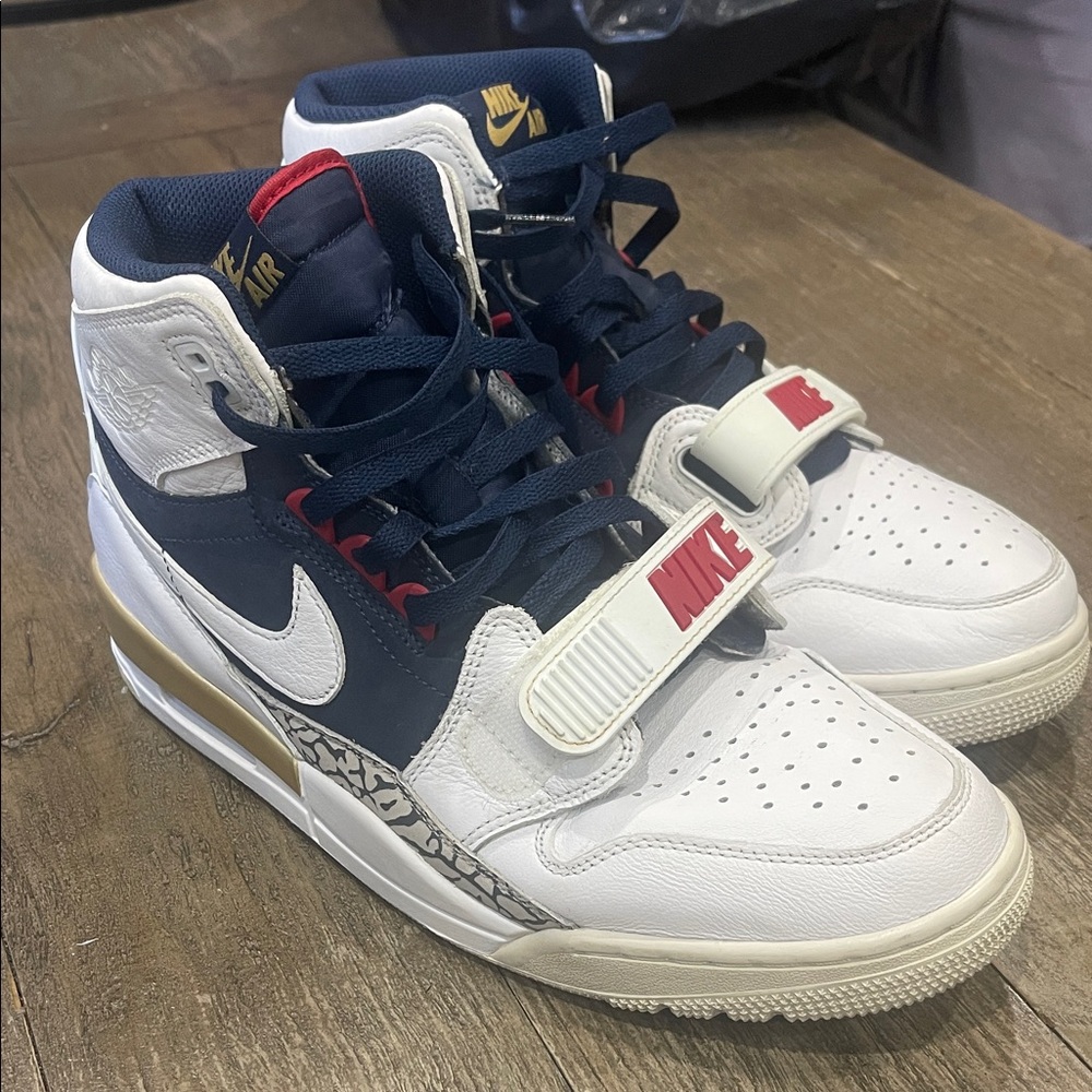 Nike White Navy High-Top Sneakers with Red and Gold Accents
